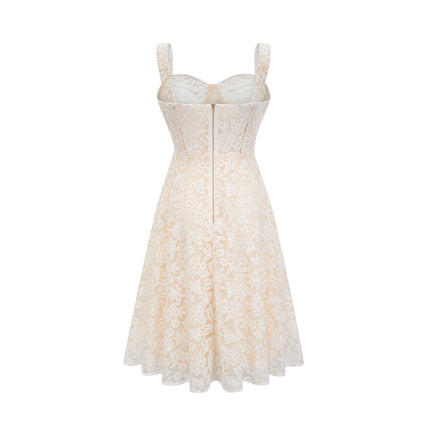Amelina White Embroidered Midi Dress with Corset Style Bodice Spaghetti Straps and Rear Zipfastening