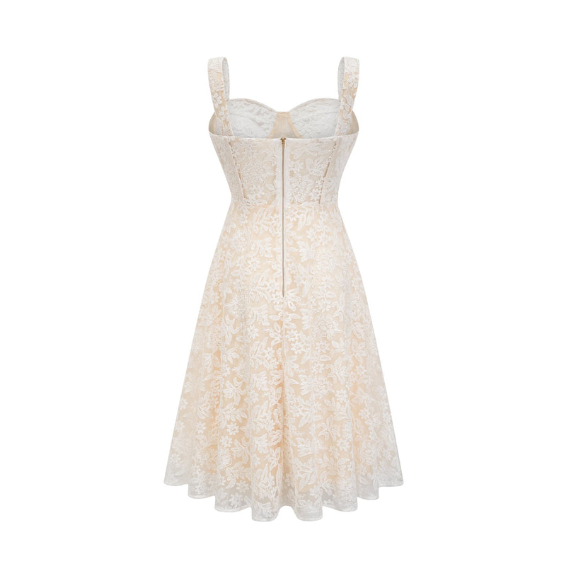 Amelina White Embroidered Midi Dress with Corset Style Bodice Spaghetti Straps and Rear Zipfastening