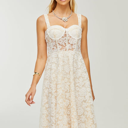 Amelina White Embroidered Midi Dress Spaghetti Straps Bustier Style Zipfastening