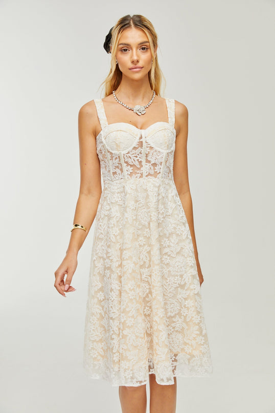 Amelina White Embroidered Midi Dress Spaghetti Straps Bustier Style Zipfastening
