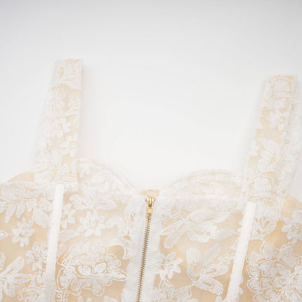 Amelina White Embroidered Midi Dress with Corset-Style Bodice Spaghetti Straps and Rear Zipfastening