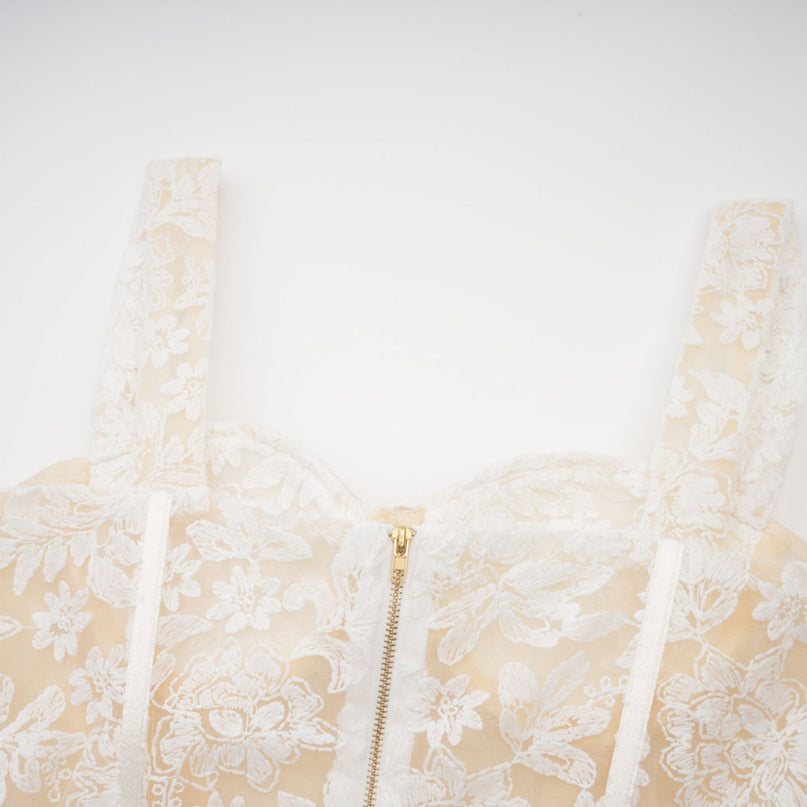 Amelina White Embroidered Midi Dress with Corset-Style Bodice Spaghetti Straps and Rear Zipfastening