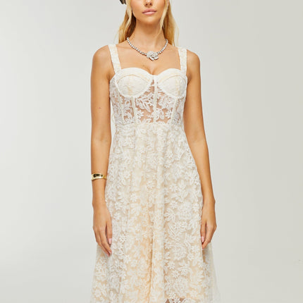 Amelina White Embroidered Midi Dress with Corset-style Bodice Spaghetti Straps and Rear Zipfastening