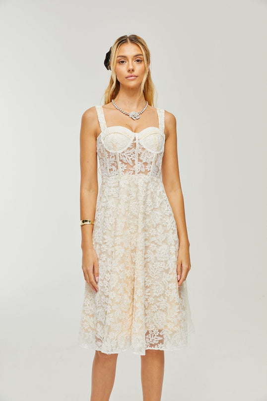 Amelina White Embroidered Midi Dress with Corset-style Bodice Spaghetti Straps and Rear Zipfastening