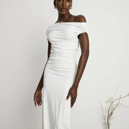 Amelina White Maxi Dress with Pleat Detailing and Side Slit for Special Occasions