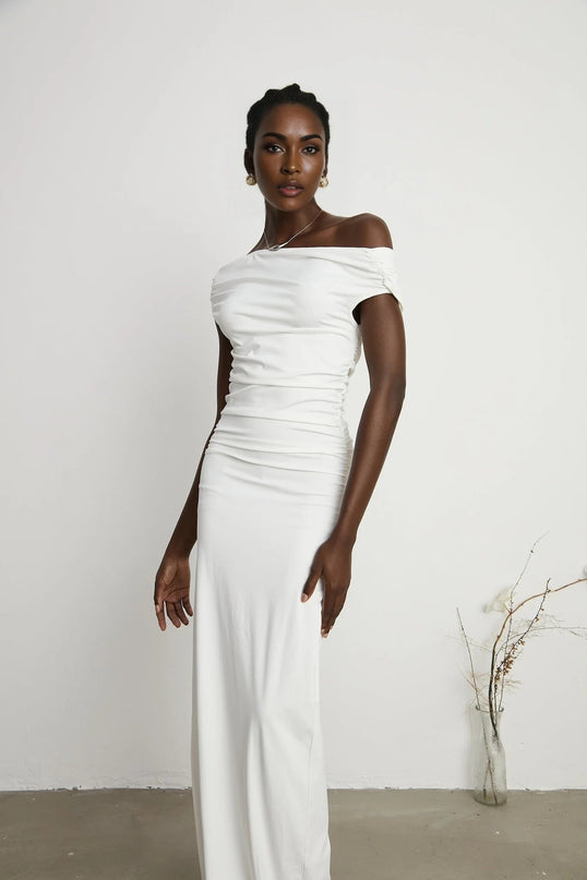 Amelina White Maxi Dress with Pleat Detailing and Side Slit for Special Occasions