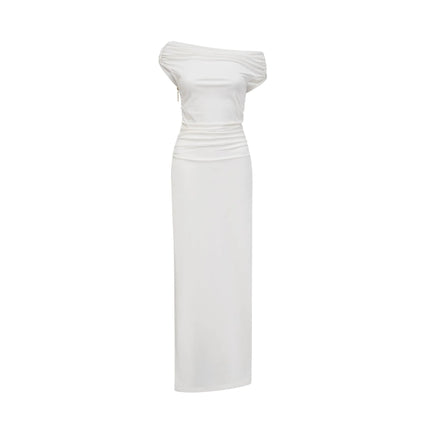 Amelina White Maxi Dress with Pleat Detailing and Side Slit