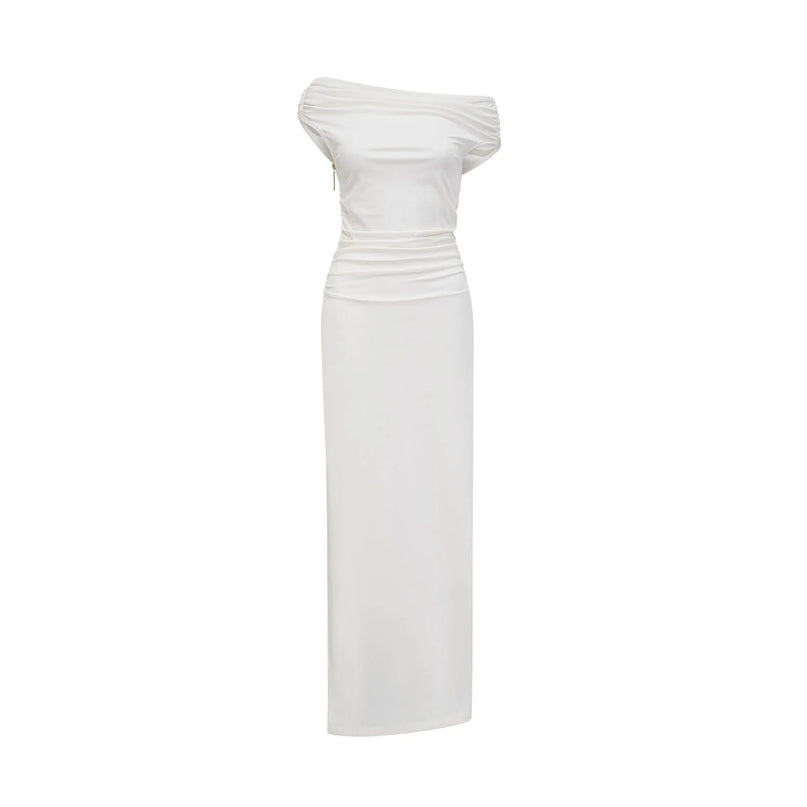 Amelina White Maxi Dress with Pleat Detailing and Side Slit