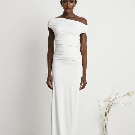 Amelina White Maxi Dress with Pleat Detailing and Side Slit