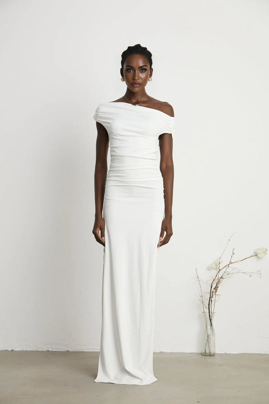 Amelina White Maxi Dress with Pleat Detailing and Side Slit