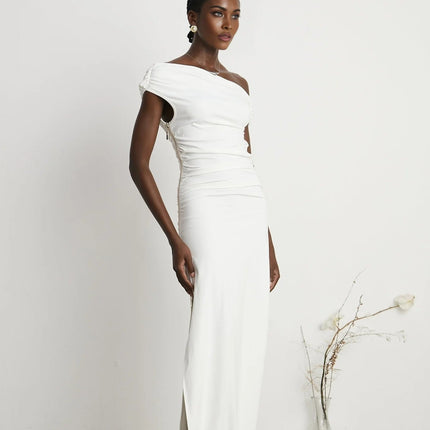 Amelina White Maxi Dress with Pleat Detailing and Side Slit for Special Occasions