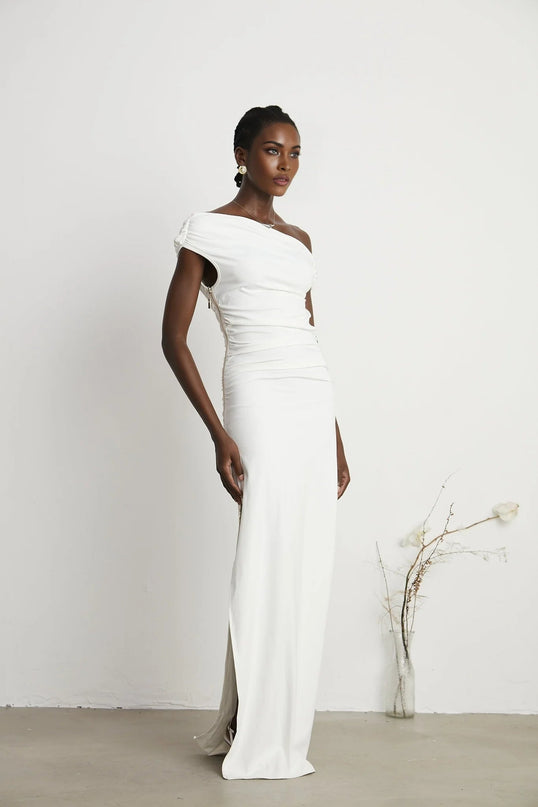 Amelina White Maxi Dress with Pleat Detailing and Side Slit for Special Occasions