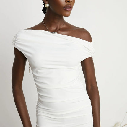 Amelina White Maxi Dress with Pleat Detailing and Side Slit