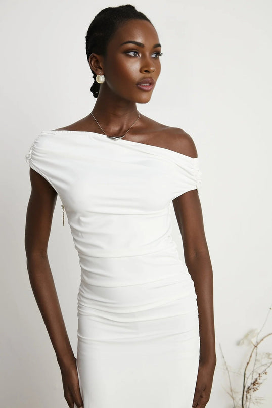 Amelina White Maxi Dress with Pleat Detailing and Side Slit