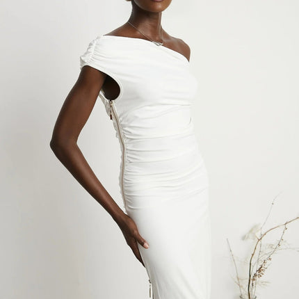 Amelina White Maxi Dress with Pleat Detailing and Side Slit