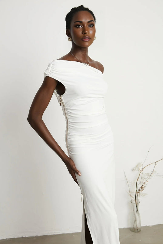 Amelina White Maxi Dress with Pleat Detailing and Side Slit