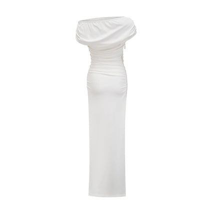 Amelina White Maxi Dress with Pleat Detailing and Side Slit