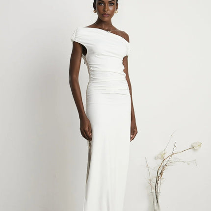 Amelina White Maxi Dress with Pleat Detailing and Side Slit