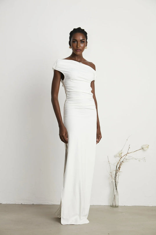Amelina White Maxi Dress with Pleat Detailing and Side Slit