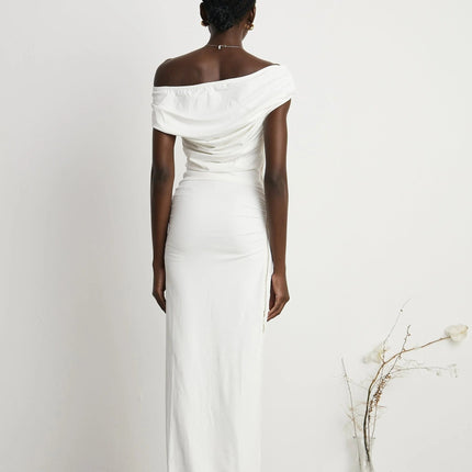 Amelina White Maxi Dress with Pleat Detailing and Side Slit for Special Occasions