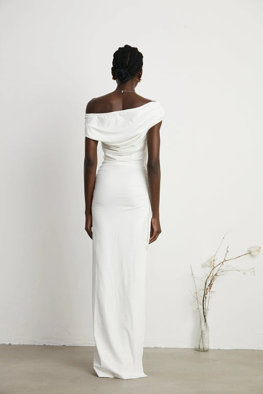 Amelina White Maxi Dress with Pleat Detailing and Side Slit for Special Occasions