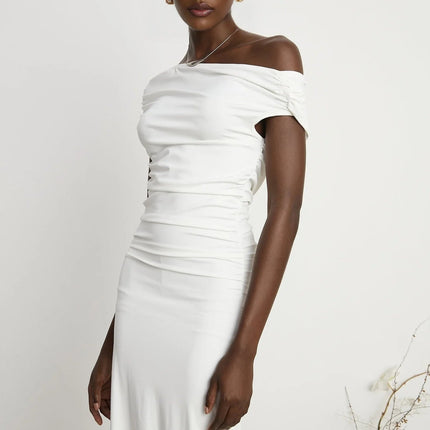 Amelina White Maxi Dress with Pleat Detailing and Side Slit