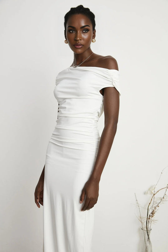 Amelina White Maxi Dress with Pleat Detailing and Side Slit