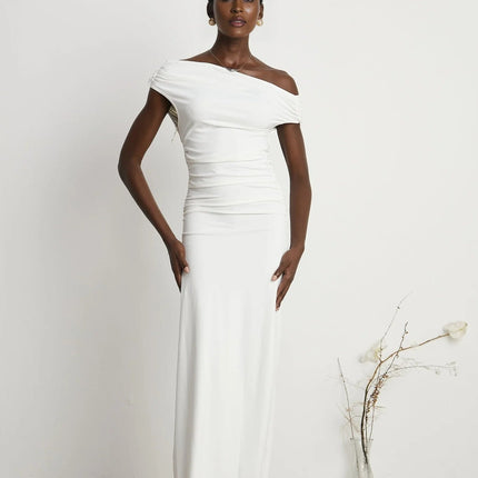 Amelina White Maxi Dress with Pleat Detailing and Side Slit