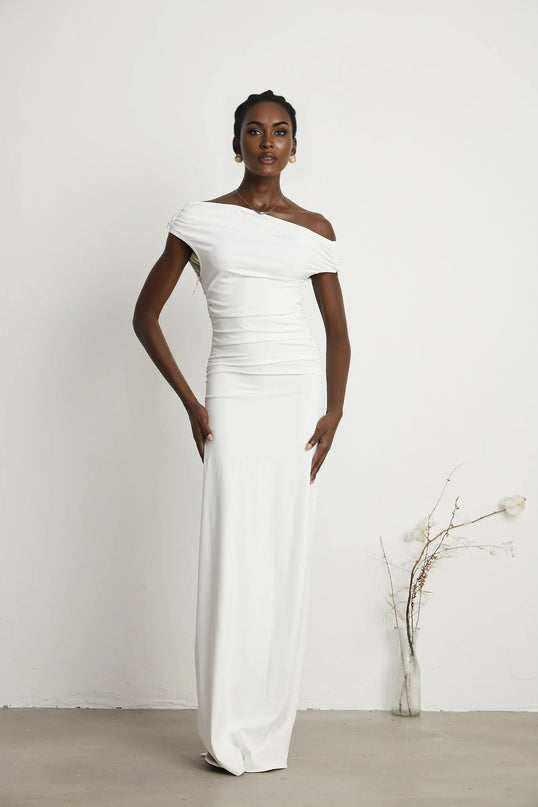 Amelina White Maxi Dress with Pleat Detailing and Side Slit