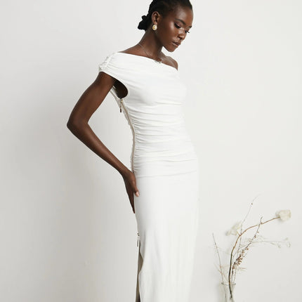 Amelina White Maxi Dress with Pleat Detailing and Side Slit