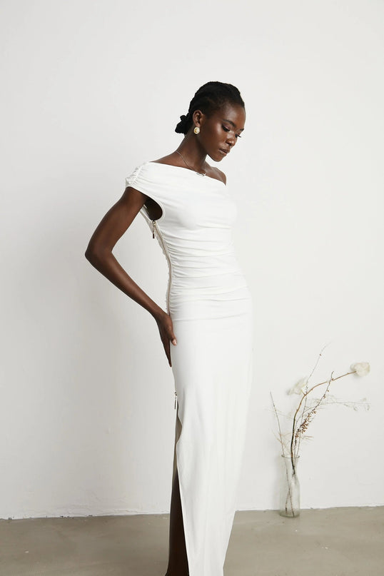 Amelina White Maxi Dress with Pleat Detailing and Side Slit