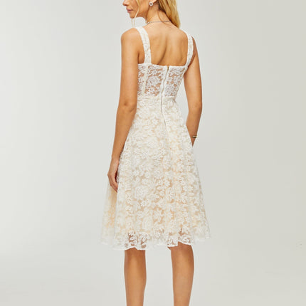 Amelina White Embroidered Midi Dress with Corset-Style Bodice Spaghetti Straps and Zip Fastening