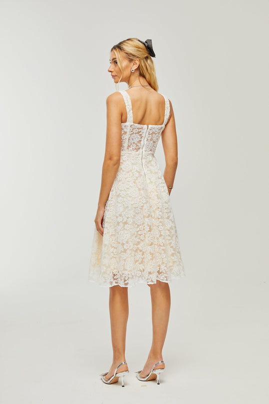Amelina White Embroidered Midi Dress with Corset-Style Bodice Spaghetti Straps and Zip Fastening