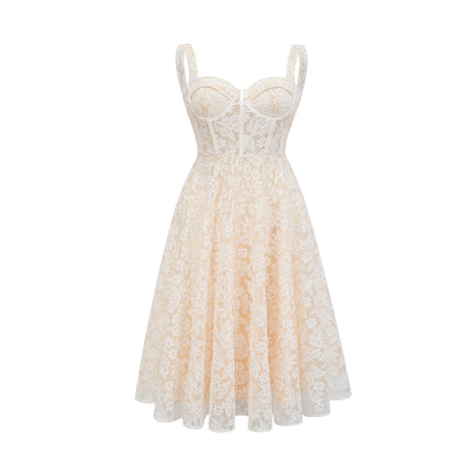 Amelina White Embroidered Midi Dress Spaghetti Straps Bustier Style Rear Zipfastening 70 Cotton 30 Viscose