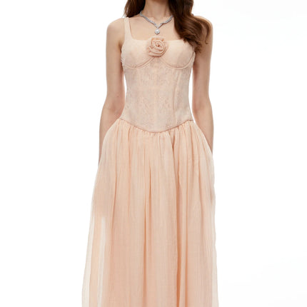 Amina Pink Floral Lace Midi Dress with Panels