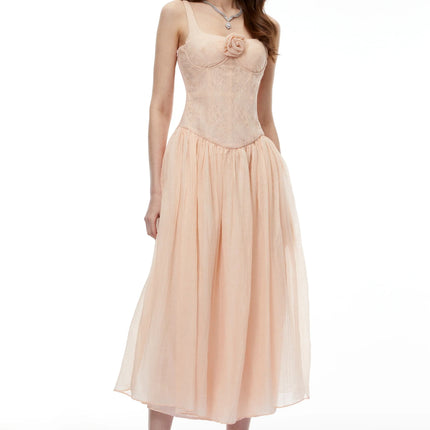 Amina Pink Floral Lace Midi Dress with Panels