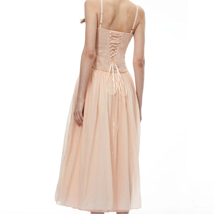 Amina Pink Floral Lace Midi Dress with Panels