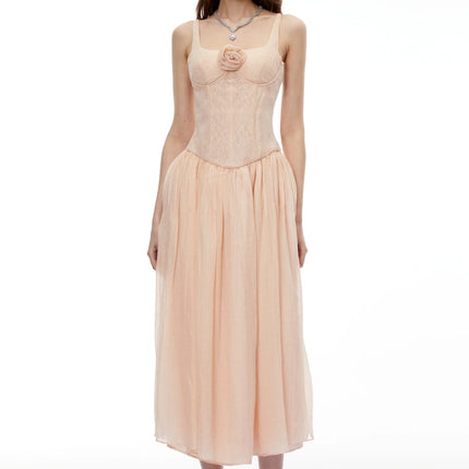 Amina Pink Floral Lace Midi Dress with Panels