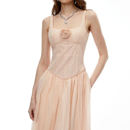 Amina Pink Floral Lace Midi Dress with Panels