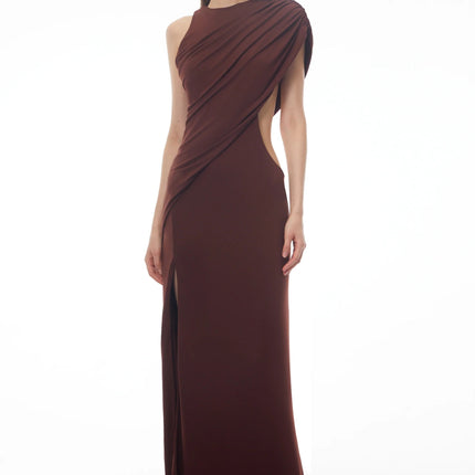 Amore Chocolate Brown One Shoulder Ruched Maxi Dress