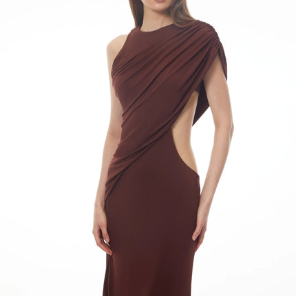Amore Chocolate Brown One Shoulder Ruched Maxi Dress