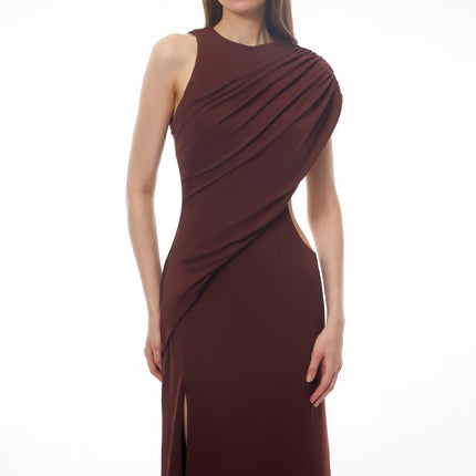 Amore Chocolate Brown One Shoulder Ruched Maxi Dress