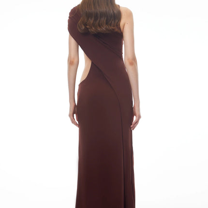 Amore Chocolate Brown One Shoulder Ruched Maxi Dress