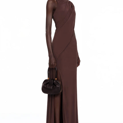 Amore Chocolate Brown One Shoulder Ruched Maxi Dress