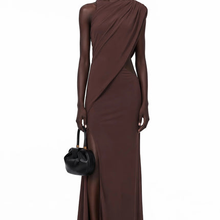 Amore Chocolate Brown One Shoulder Ruched Maxi Dress