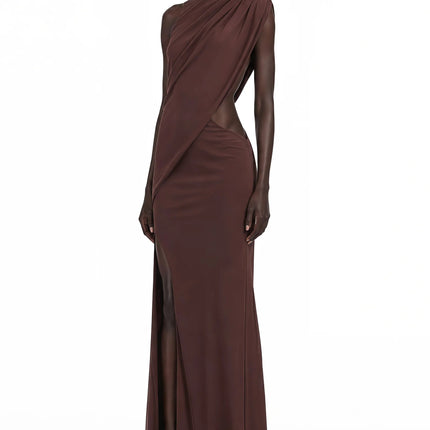 Amore Chocolate Brown One Shoulder Ruched Maxi Dress