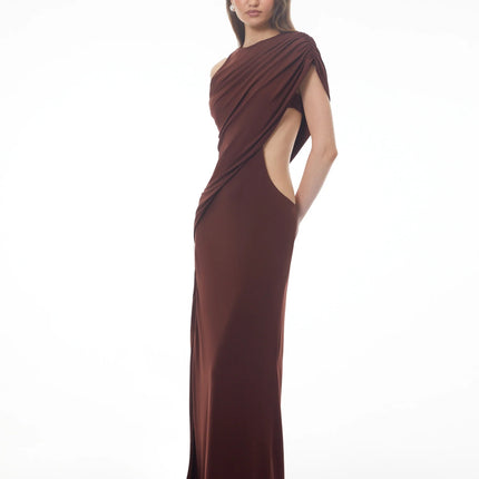 Amore Chocolate Brown One Shoulder Ruched Maxi Dress