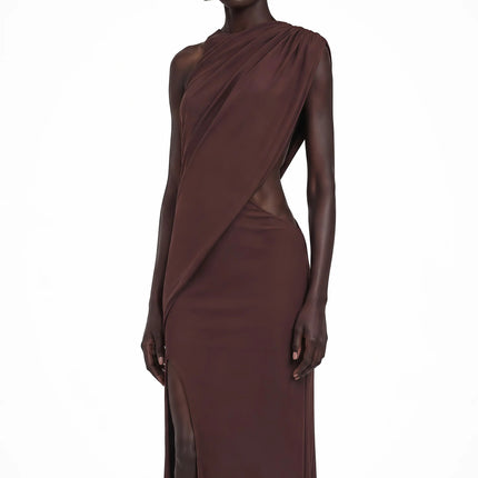 Amore Chocolate Brown One Shoulder Ruched Maxi Dress