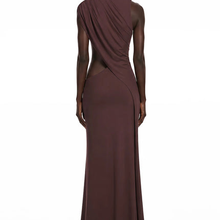 Amore Chocolate Brown One Shoulder Ruched Maxi Dress