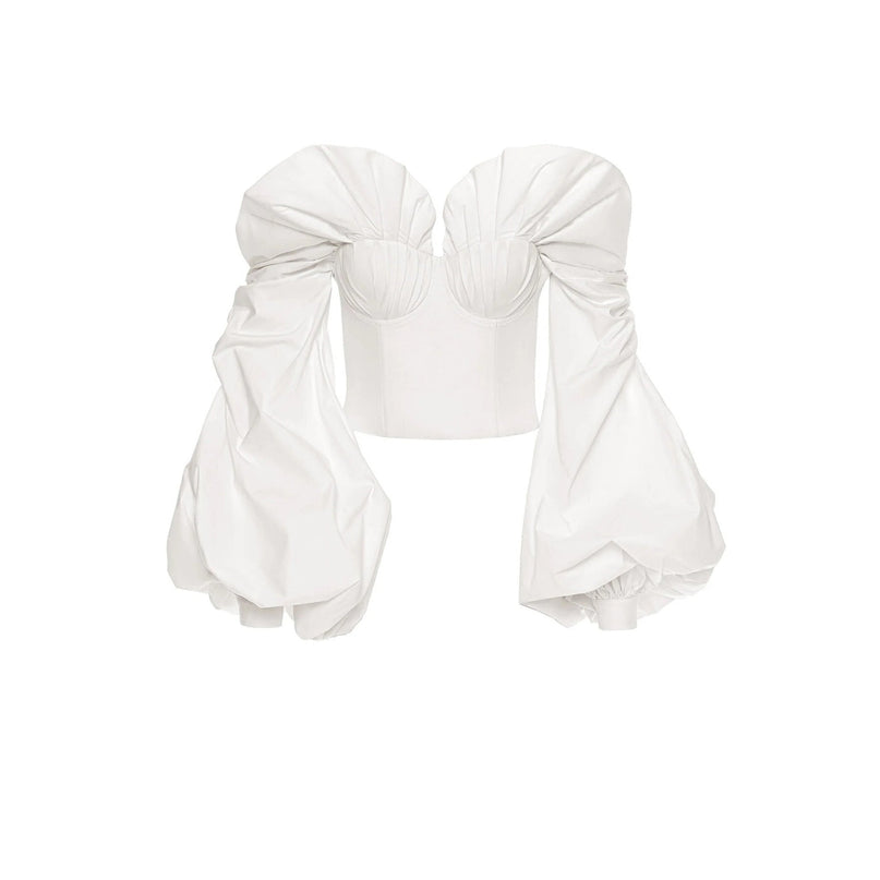 Amy Blouse in White off-shoulder 100 percent Cotton shell-shaped chest cup long puff sleeves ruched detailing rear lace-up fastening cropped silhouette sophistication style tailored trousers flowing skirt versatile piece day night elegance grace